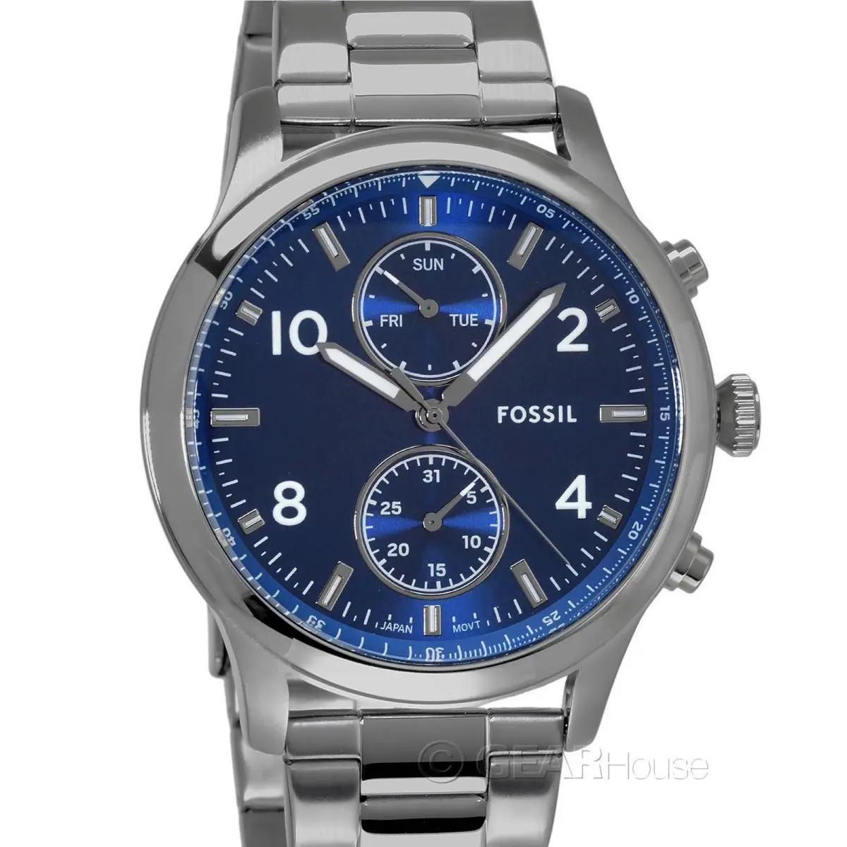 Fossil Bennett Mens Multifunction Watch Blue Dial Gray Stainless Steel Band