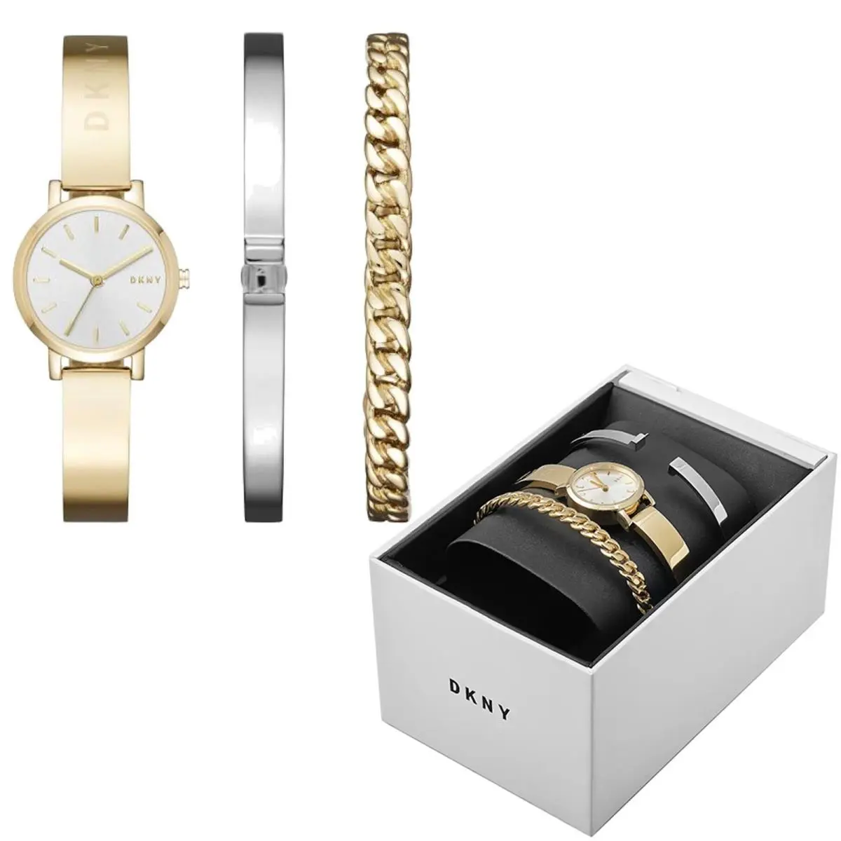 Dkny Soho NY2619 Quartz Bangle Chain Bracelet Gold Tone Womens Watch Set - Dial: Silver, Band: Gold, Bezel: Gold