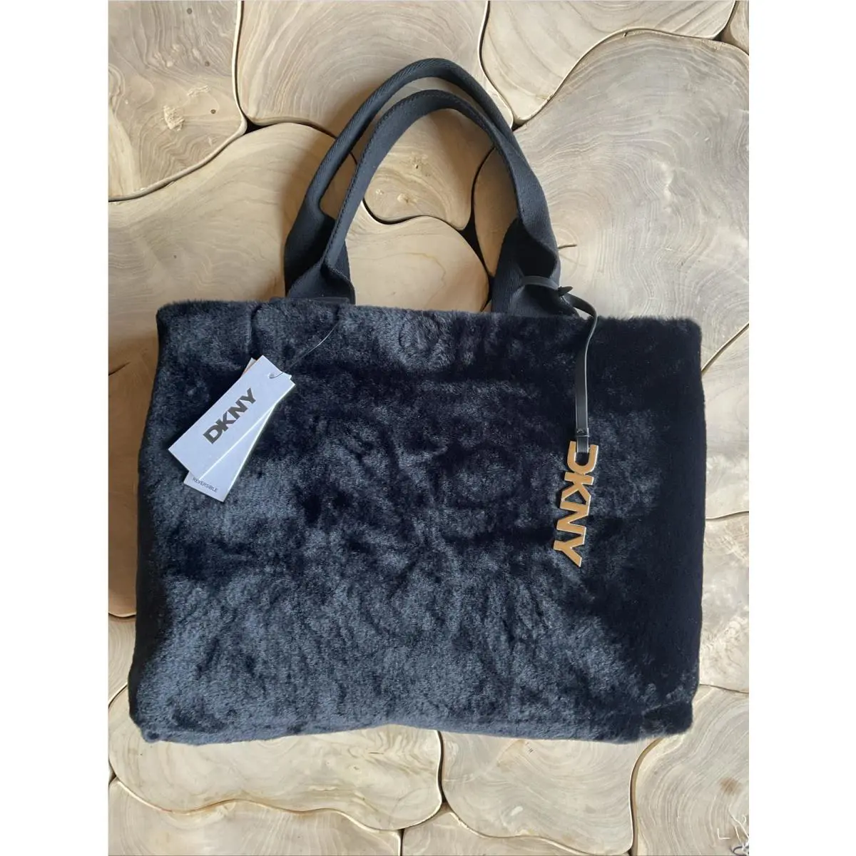 Dkny Black Tote Largebag Reversible Quilted Fur Shoulder Bag Purse Roni