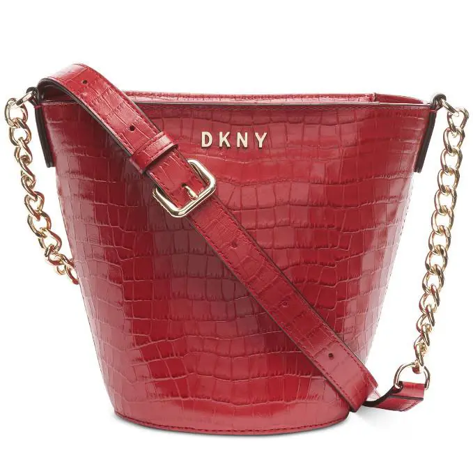 Dkny X3511 Kim Snake-embossed Chain Red Leather Bucket Bag - Exterior: Red