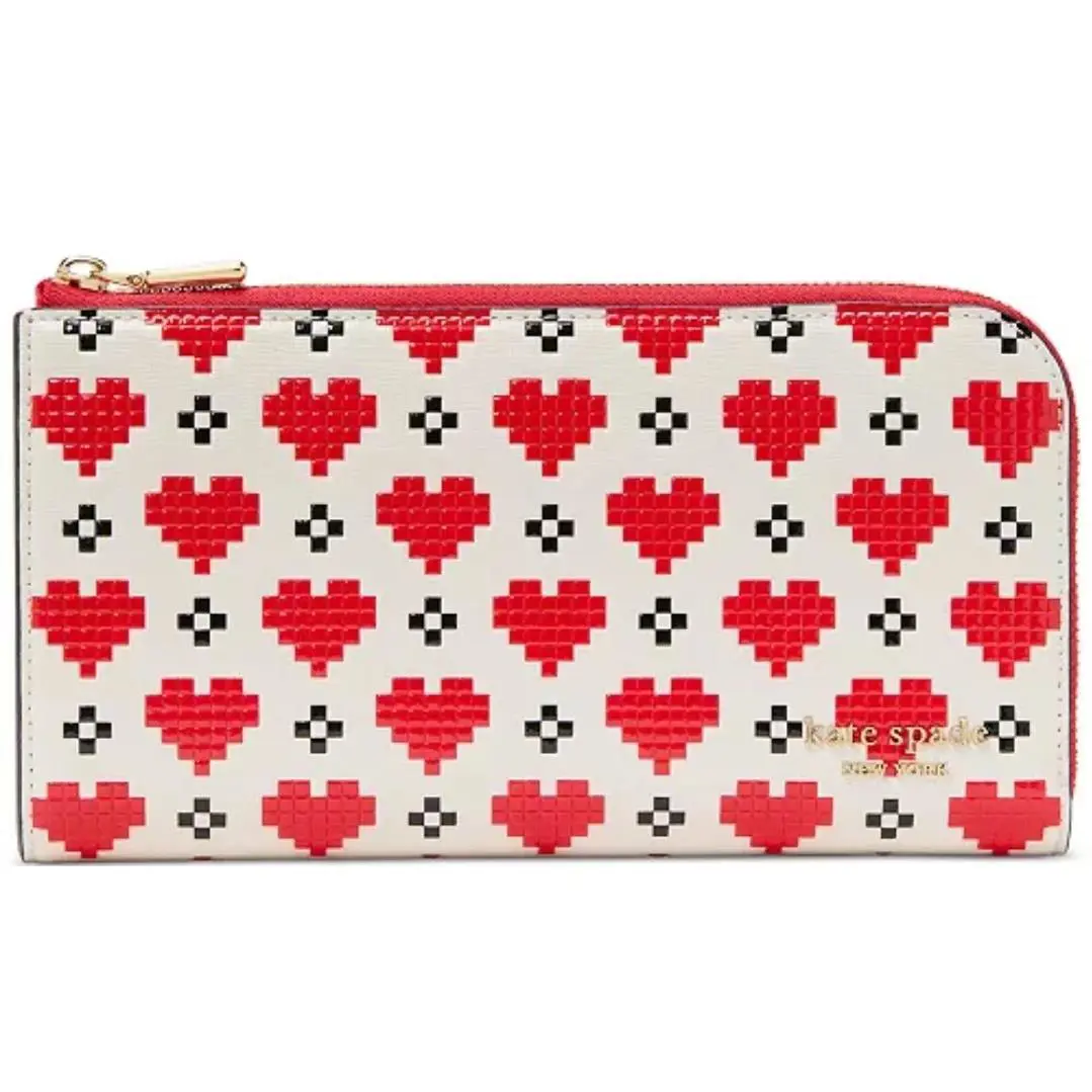Kate Spade New York Devin Pixel Hearts Embossed Saffiano Leather Zip Wallet