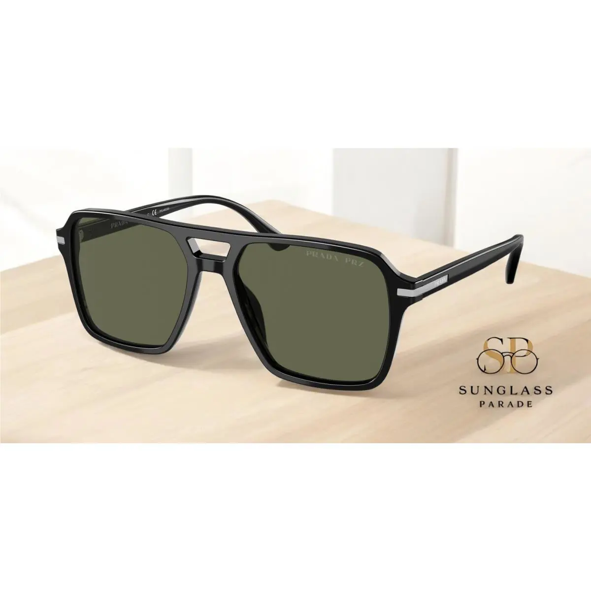 Prada PR 20YS 1AB03R Black Polar Green Polarized 55 mm Men`s Sunglasses