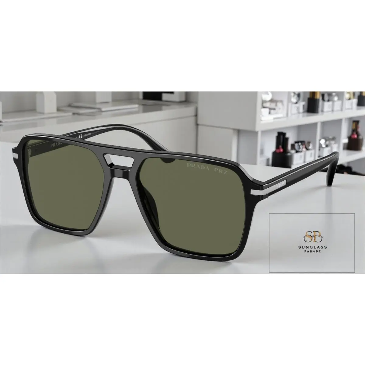 Prada PR 20YS 1AB03R Black Polar Green Polarized 55 mm Men`s Sunglasses