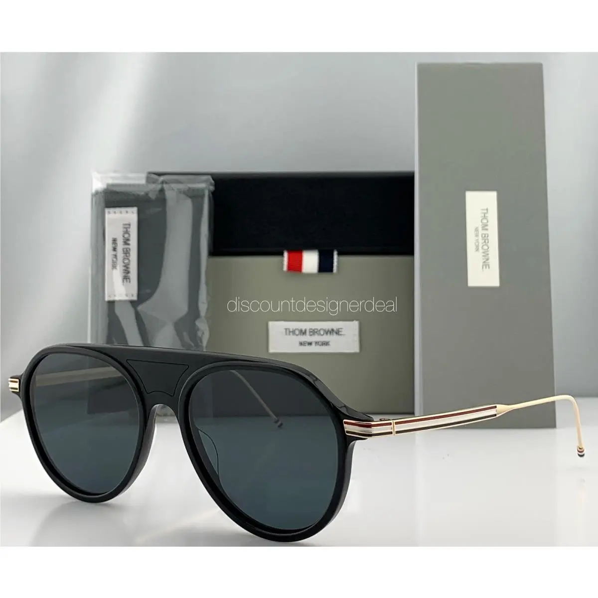 Thom Browne Aviator Sunglasses Matte Black Pale Gold Metal Gray TB-809-A-BLK-GLD