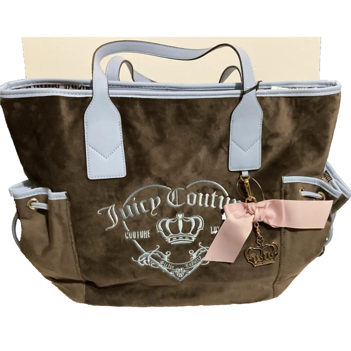 Juicy Couture Girlie Royal Tote in Chocolate/sky Blue with Bow and Charm