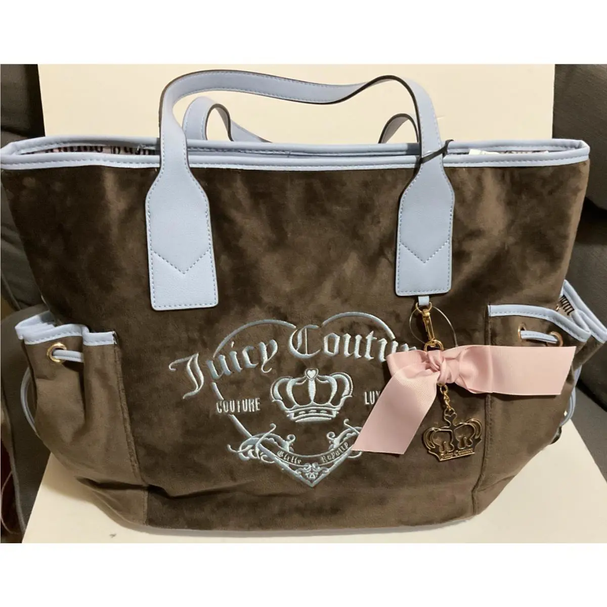 Juicy Couture Girlie Royal Tote in Chocolate/sky Blue with Bow and Charm