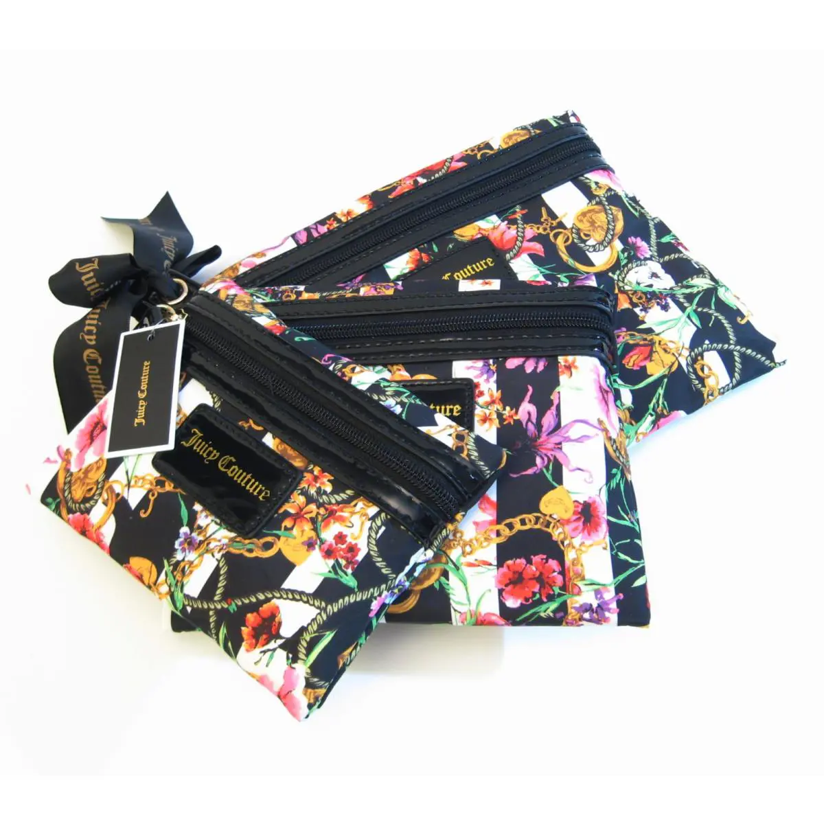 Set/3 Juicy Couture Flat Cosmetic Bags Black Stripe Floral