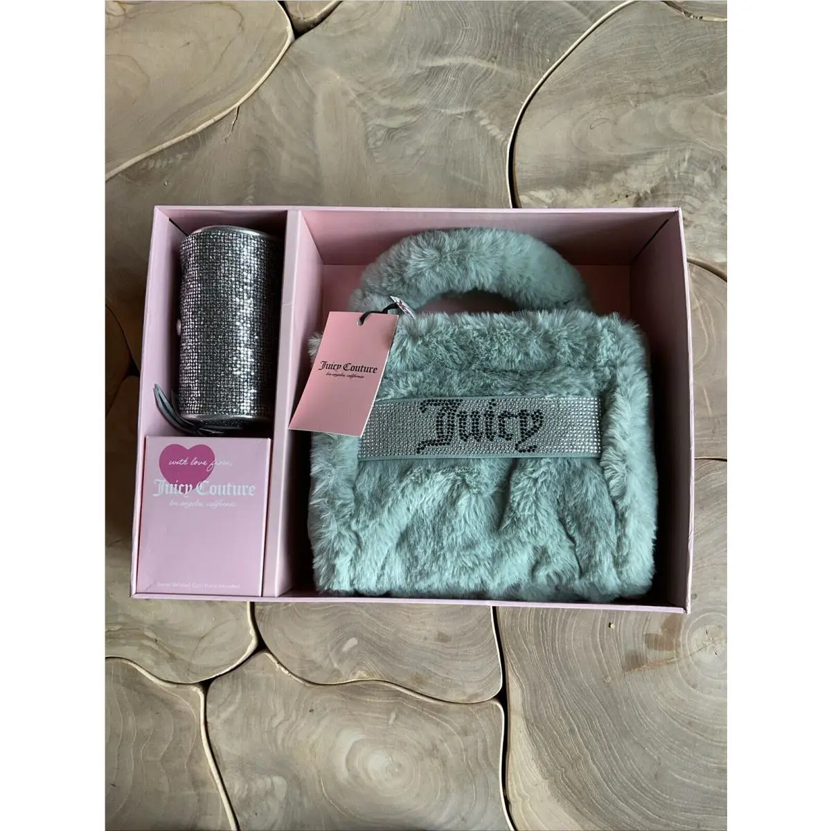 Juicy Couture Fuzzy Fur Mini Tote and Barrel Coin Purse Gift Set Cool Blue Green