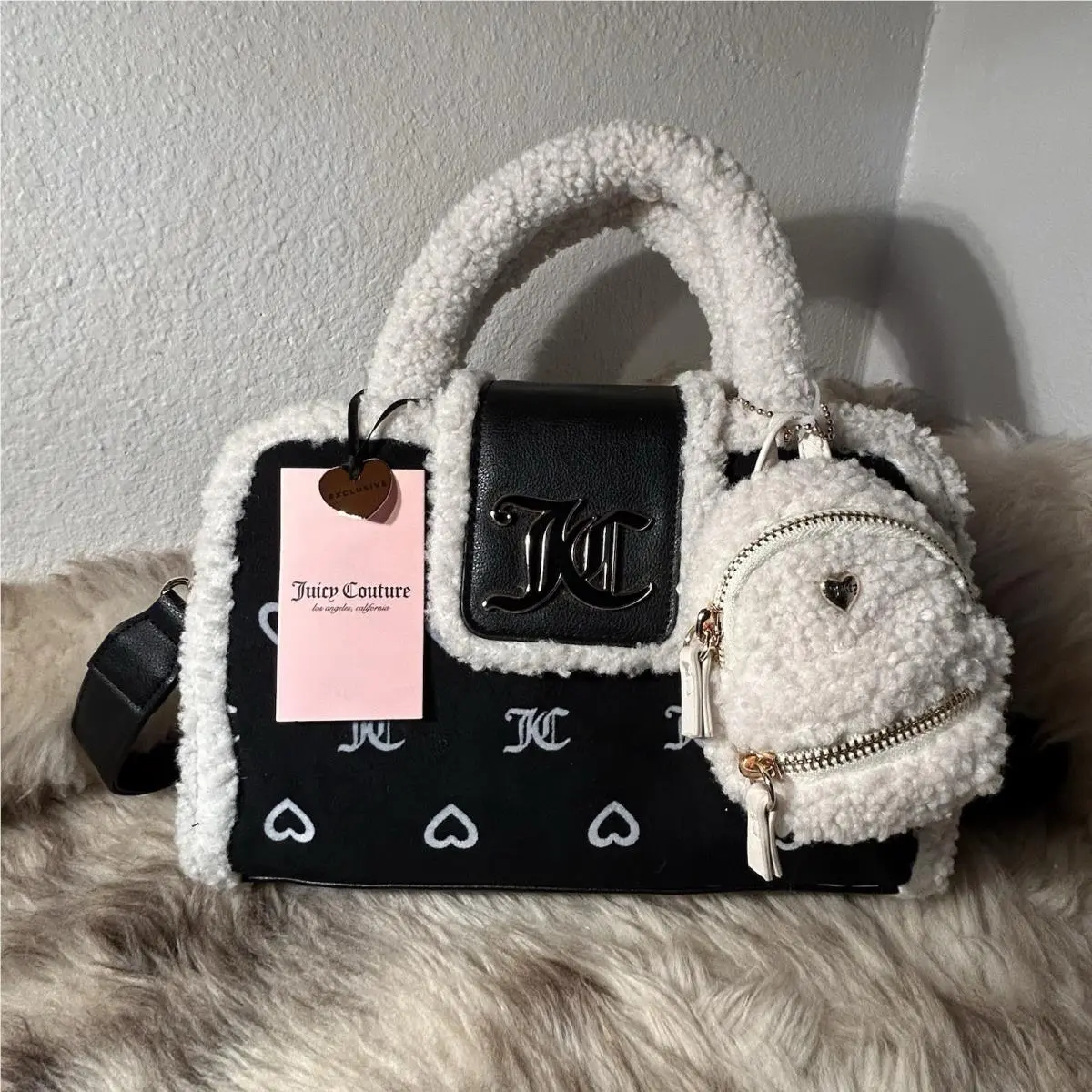 Juicy Couture Snuggle Satchel / Crossbody - Liquorice Black - Logo Hearts