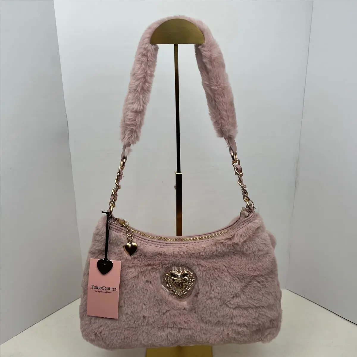 Juicy Couture Fur Heart Charm Shoulder Bag Pink Chain Strap