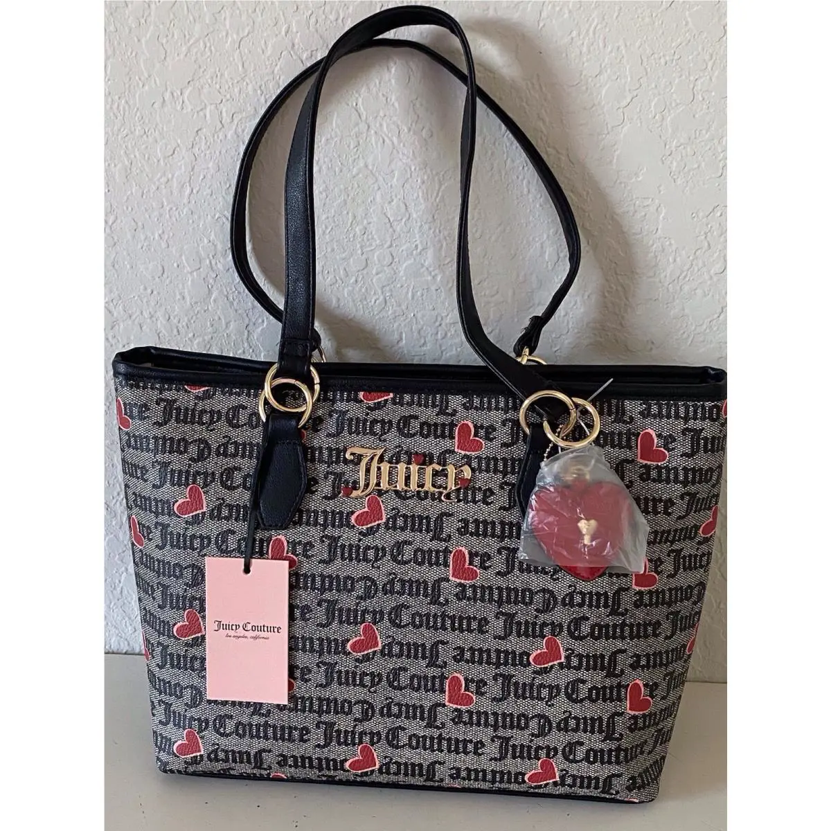 Juicy Couture I Heart Juicy Tote Bag Black with Red Hearts All Over Logo