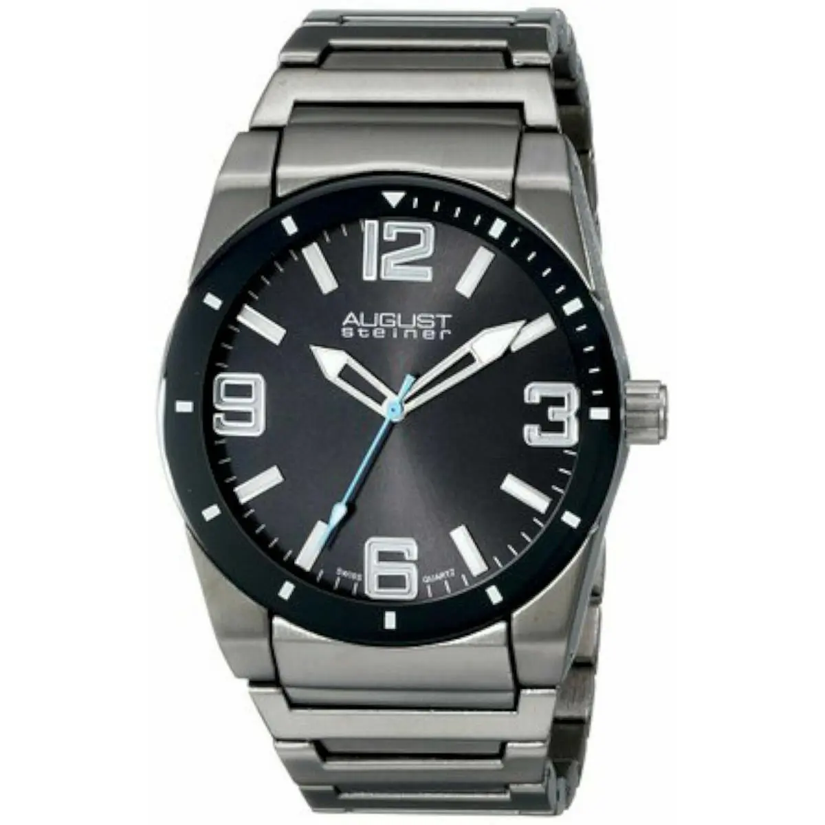 August Steiner AS8152BK Men`s Jet Black Analog Dial Gray Steel Link Watch