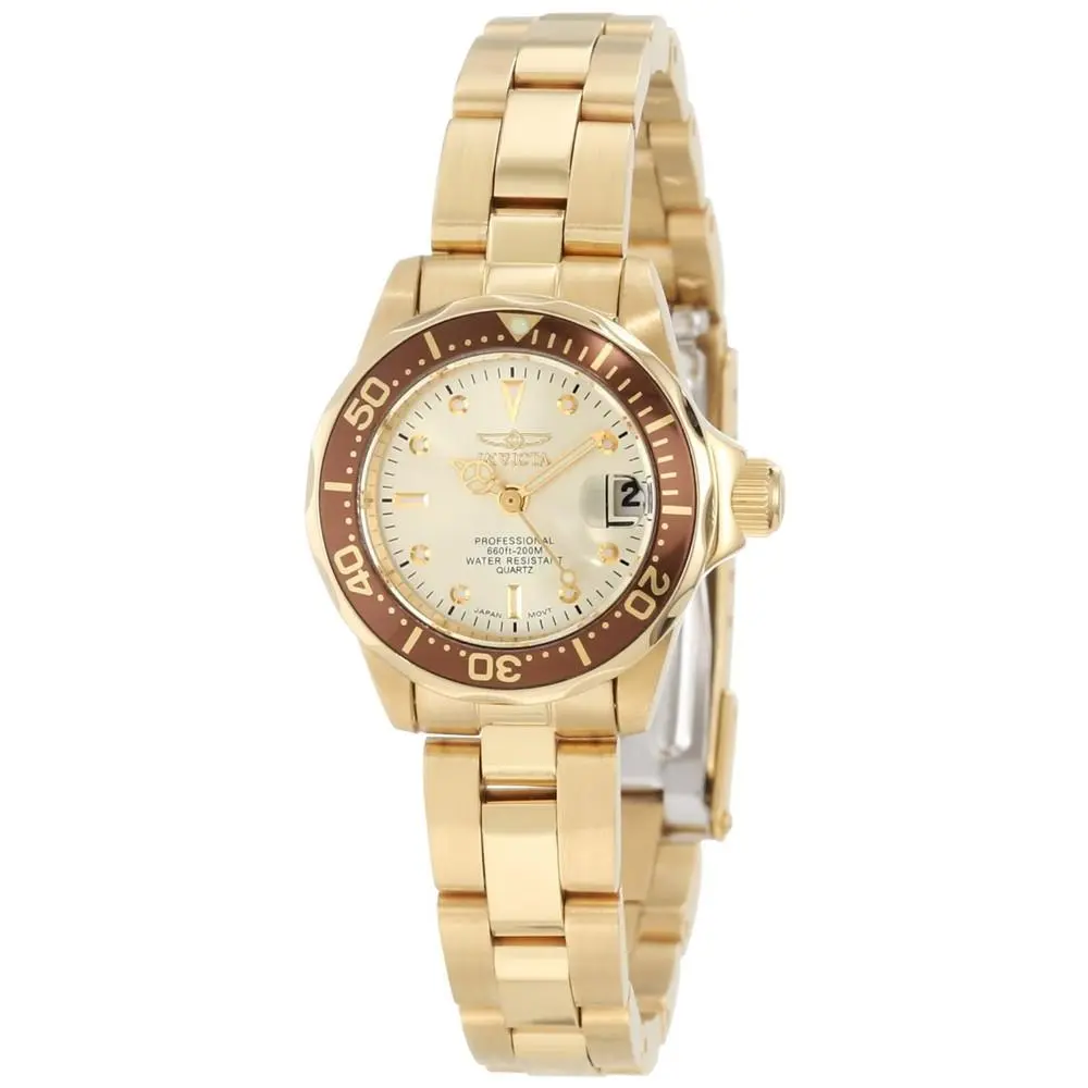 Invicta Women`s Watch Pro Diver Quartz Champagne Dial Yellow Gold Bracelet 12527
