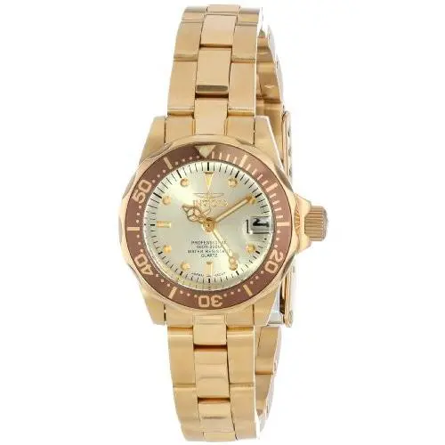 Invicta 12527 Women`s Pro Diver Mini Champagne Dial 18K Gold Plated SS Watch