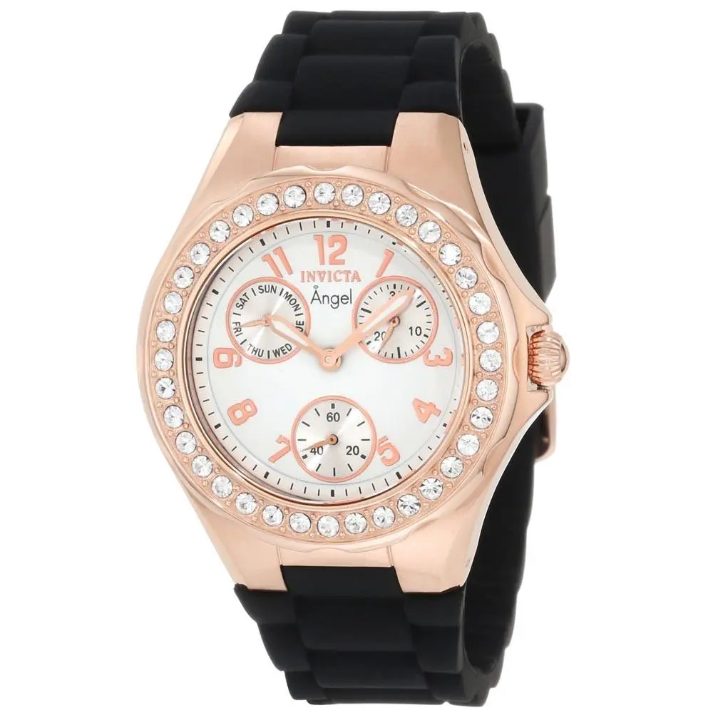 Invicta Women`s Watch Angel Crystal Accented Bezel White Dial Black Strap 1645 - Dial: White, Rose, Black, Band: Pink, White, Black, Bezel: Gold