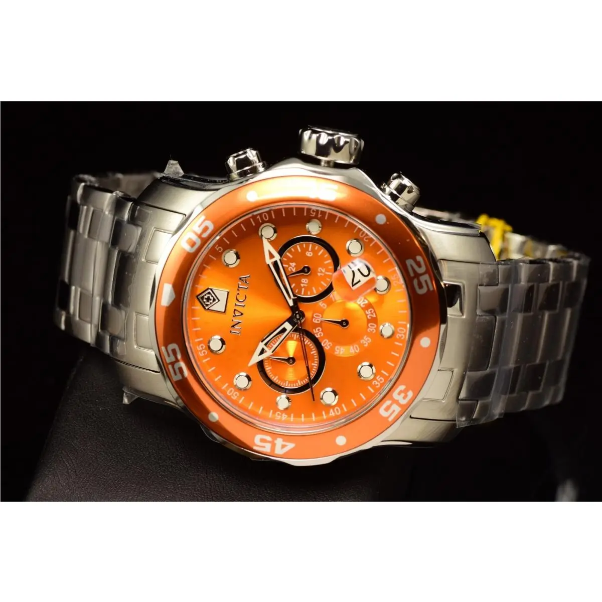 Invicta Mens Scuba Pro Diver 48mm Chronograph Orange Dial Silver Tone Watch