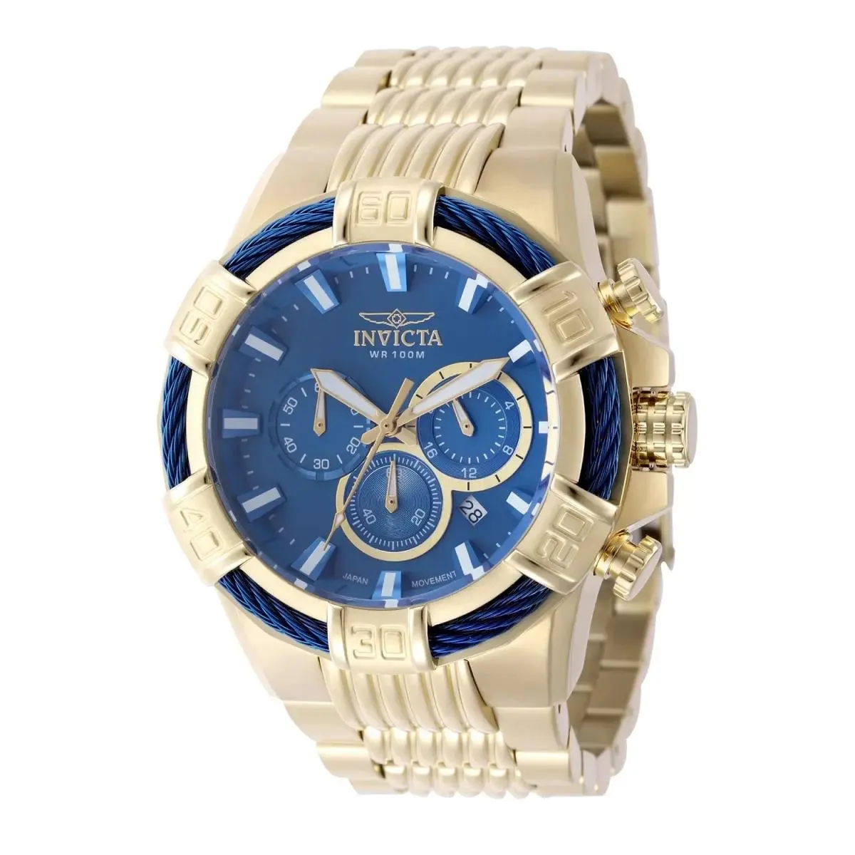 Invicta Men`s 51mm Bolt Quartz Chronograph Gold Tone Blue Dial Bracelet SS Watch