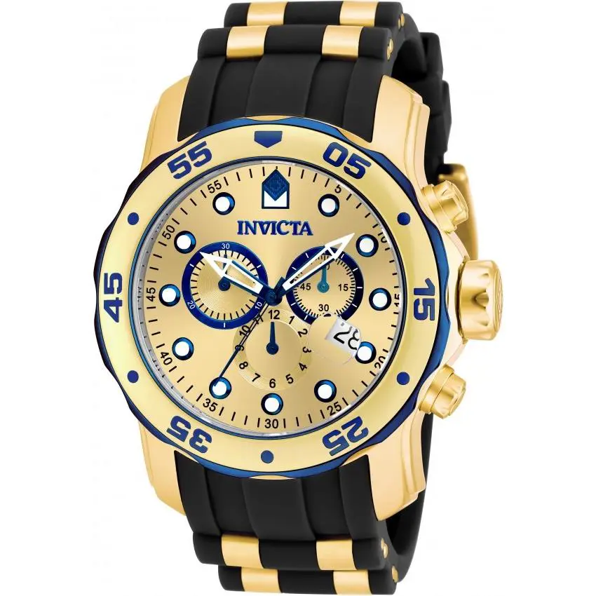 Invicta Pro Diver Chronograph Gold Dial Black Rubber Men`s Watch 17887 - Dial: Gold, Band: Gold, Black, Bezel: Black