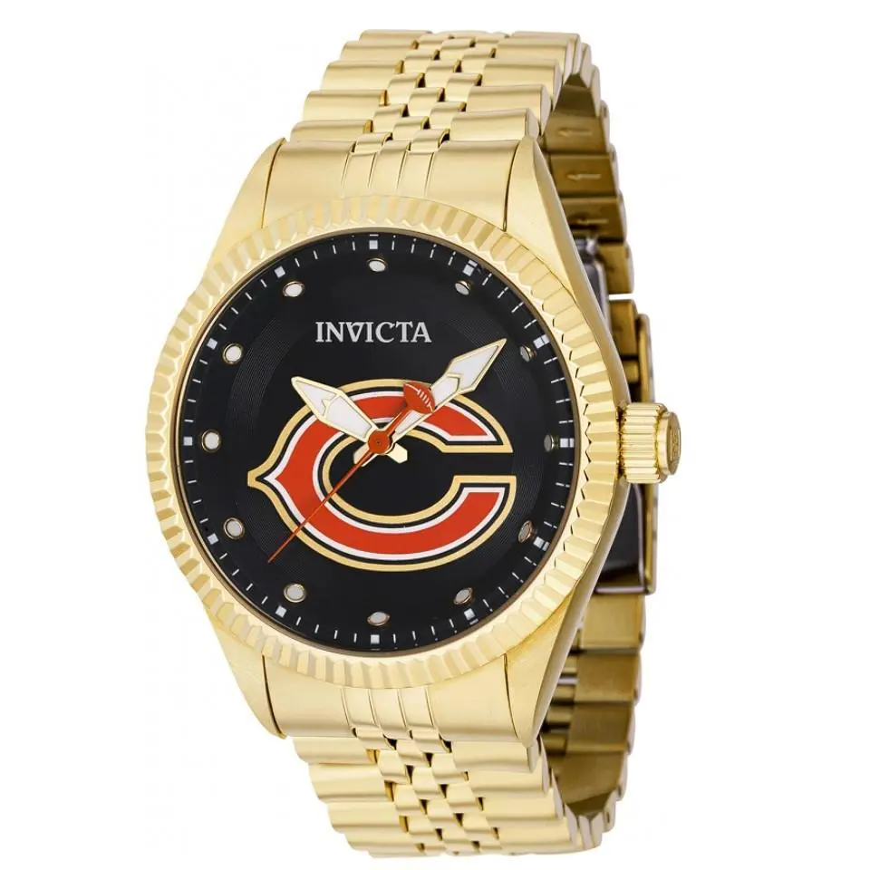 Invicta Nfl Chicago Bears Men`s 43mm Gold Stainless Quartz Watch 42426 - Dial: Black, Gold, Multicolor, Red, White, Yellow, Band: Gold, Yellow, Bezel: Gold, Yellow