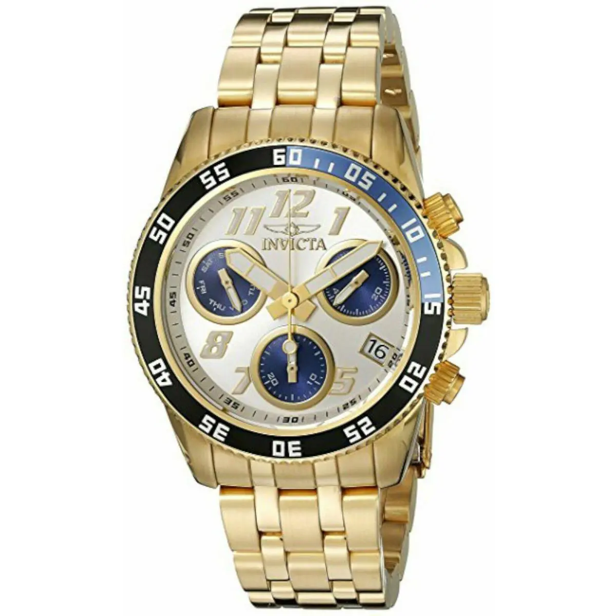 Invicta 19195 Men`s Pro Diver Chrono Day Date Silver Dial Gold Steel Watch
