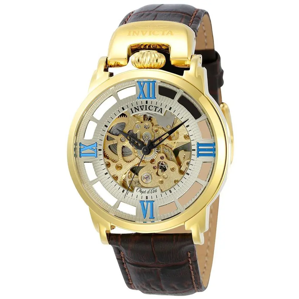 Invicta 22614 Objet D Art Skeleton Automatic Watch Analog Leather Gold 42MM