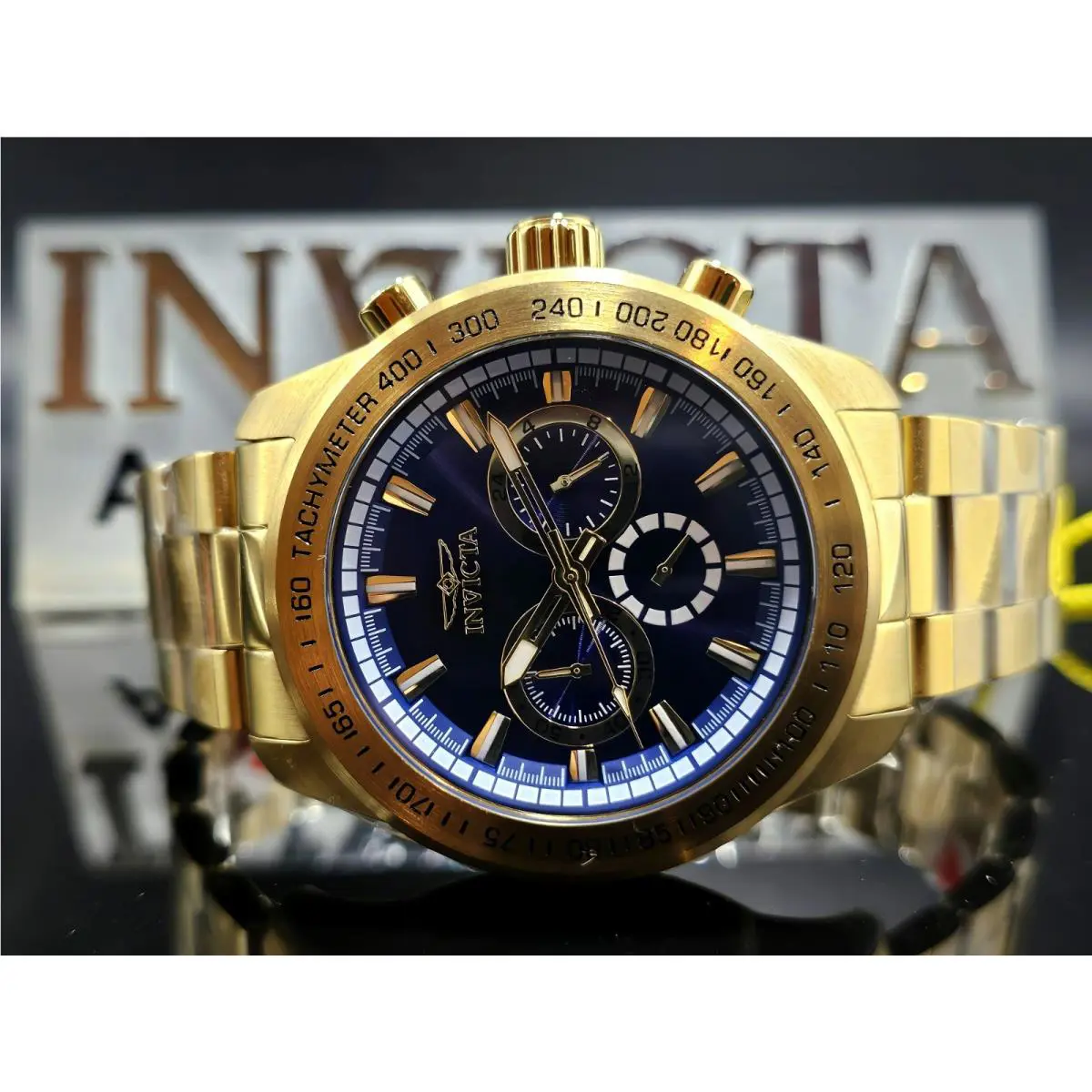 Invicta Men’s Quartz Blue and Gold Bezel Gold Chain Strap 48 mm W/ Box and Tag