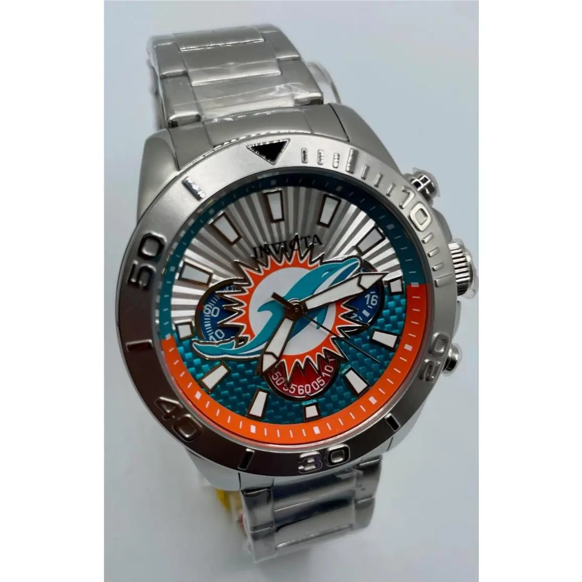 Invicta Nfl Miami Dolphins Chronograph Gmt Quartz Men`s Watch 45mm 47936 - Dial: Light Blue and Silver, Band: Blue, Silver, Bezel: Silver-tone, Silver