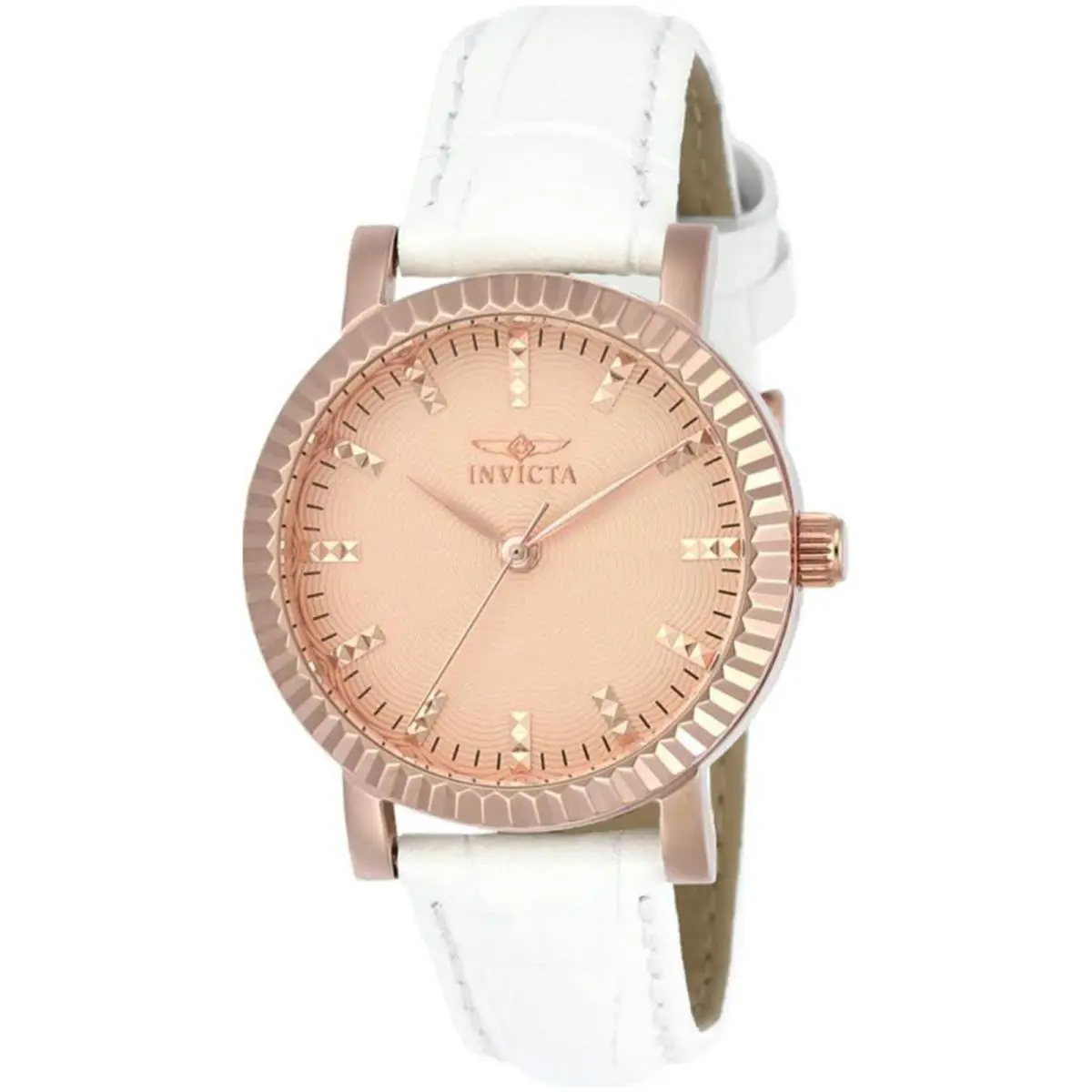 Invicta Women`s Angel White Leather Band Steel Case Quartz Rose Gold-tone Dial A