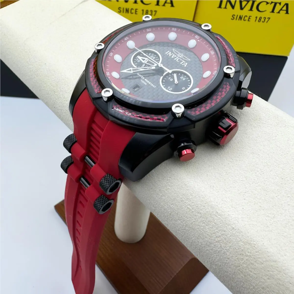 Invicta Men`s Bolt Black Red Dial Chronograph 52mm Watch Red Poly Strap
