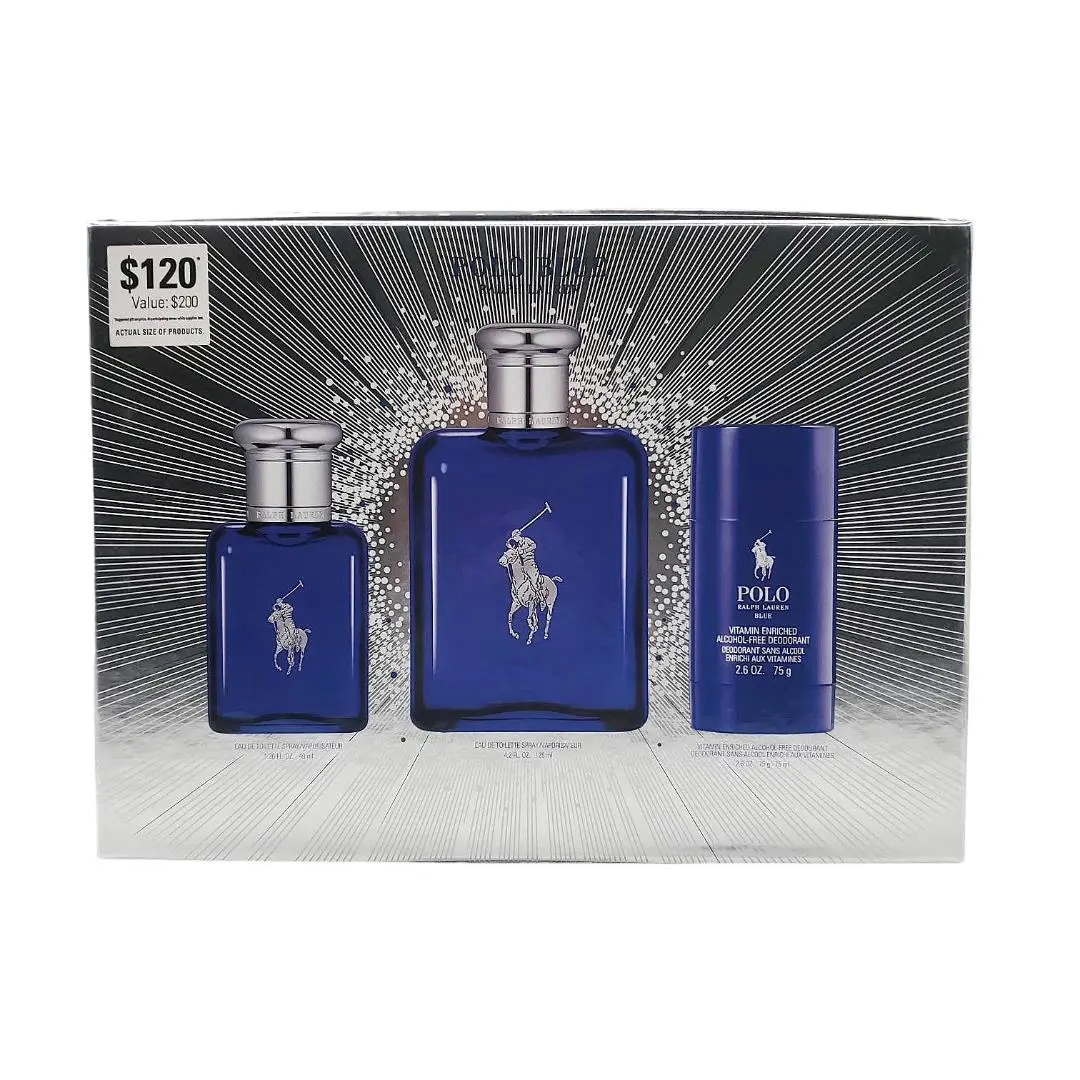 Polo Blue Ralph Lauren Men 3 PC Set: 4.2 oz + 1.36 oz Edt Spr + 2.6 oz Deo Stk
