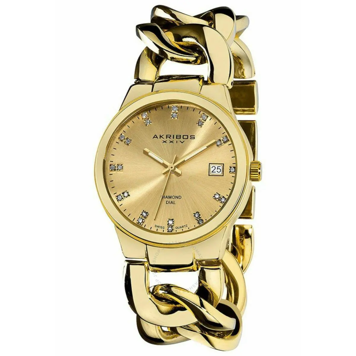 Akribos AK608YG Womens Impeccable Diamond Date Yellow Gold Twist Chain Watch