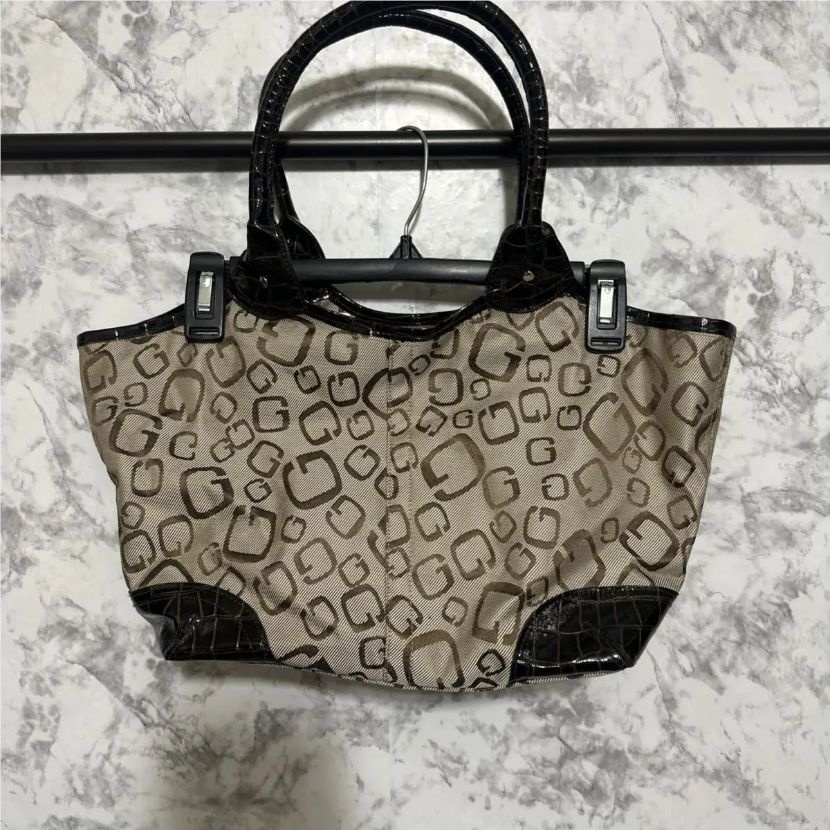 Guess Monogram Canvas Dark Brown Crocodile Embossed Leather Tote Bag