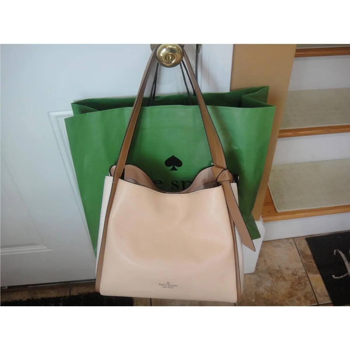 New  Knott Large Carryall Beige Pebble Leather Bag.$399.00.100%Authen by Kate Spade