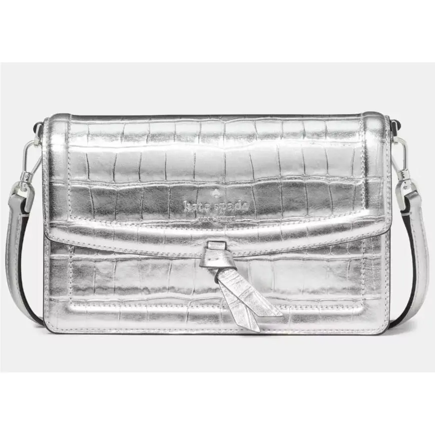 Kate Spade Knott Flap Crossbody Bag Silver Croc Embossed Leather KN214