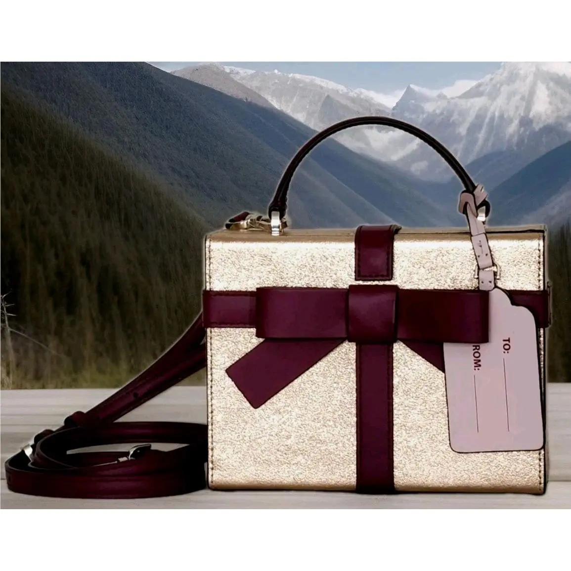 Kate Spade NY Wrapping Party Glittering Box Rose Gold X-body Novelty Bag