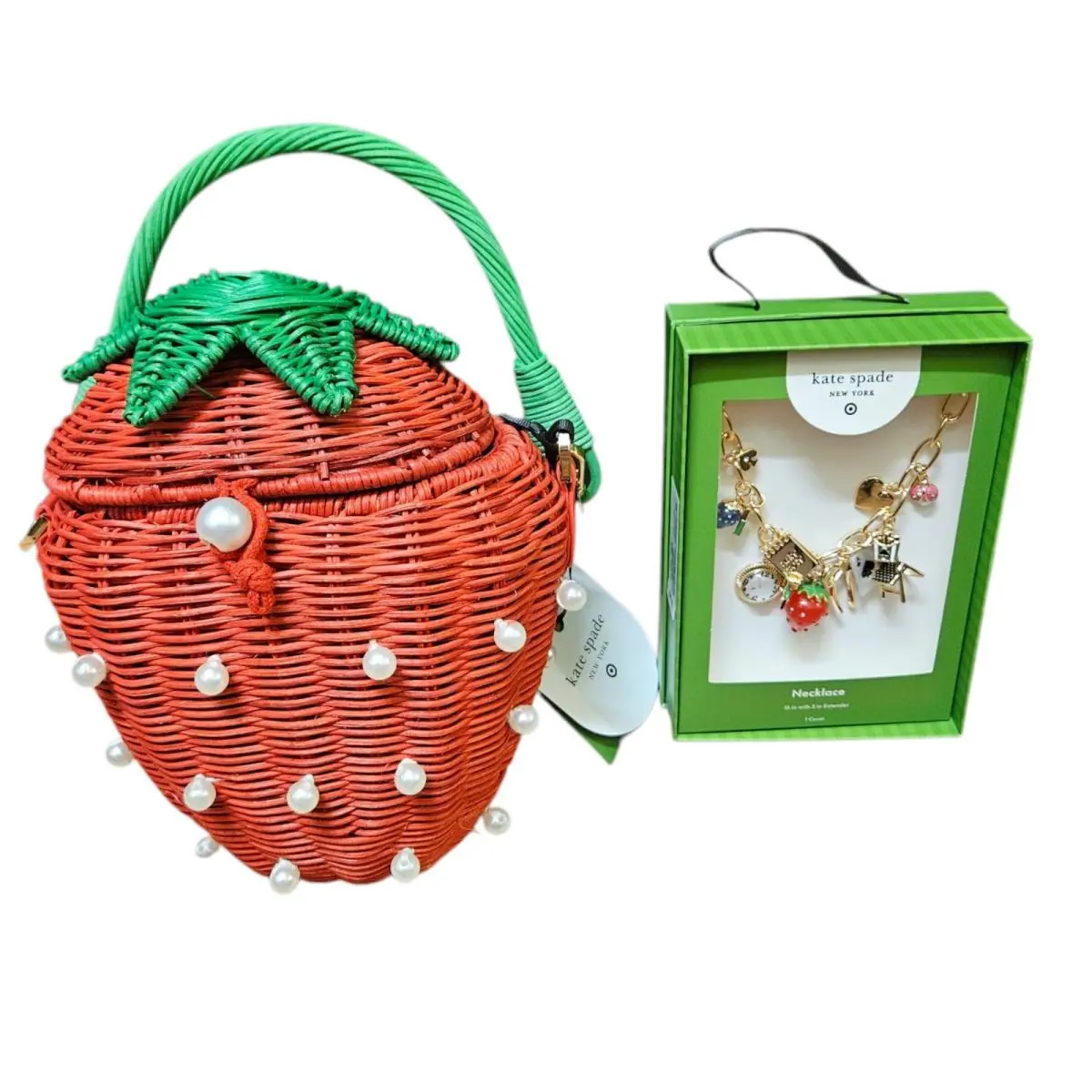 Kate Spade For Target Pearl Embellished Strawberry Basket Bag Charm Necklace