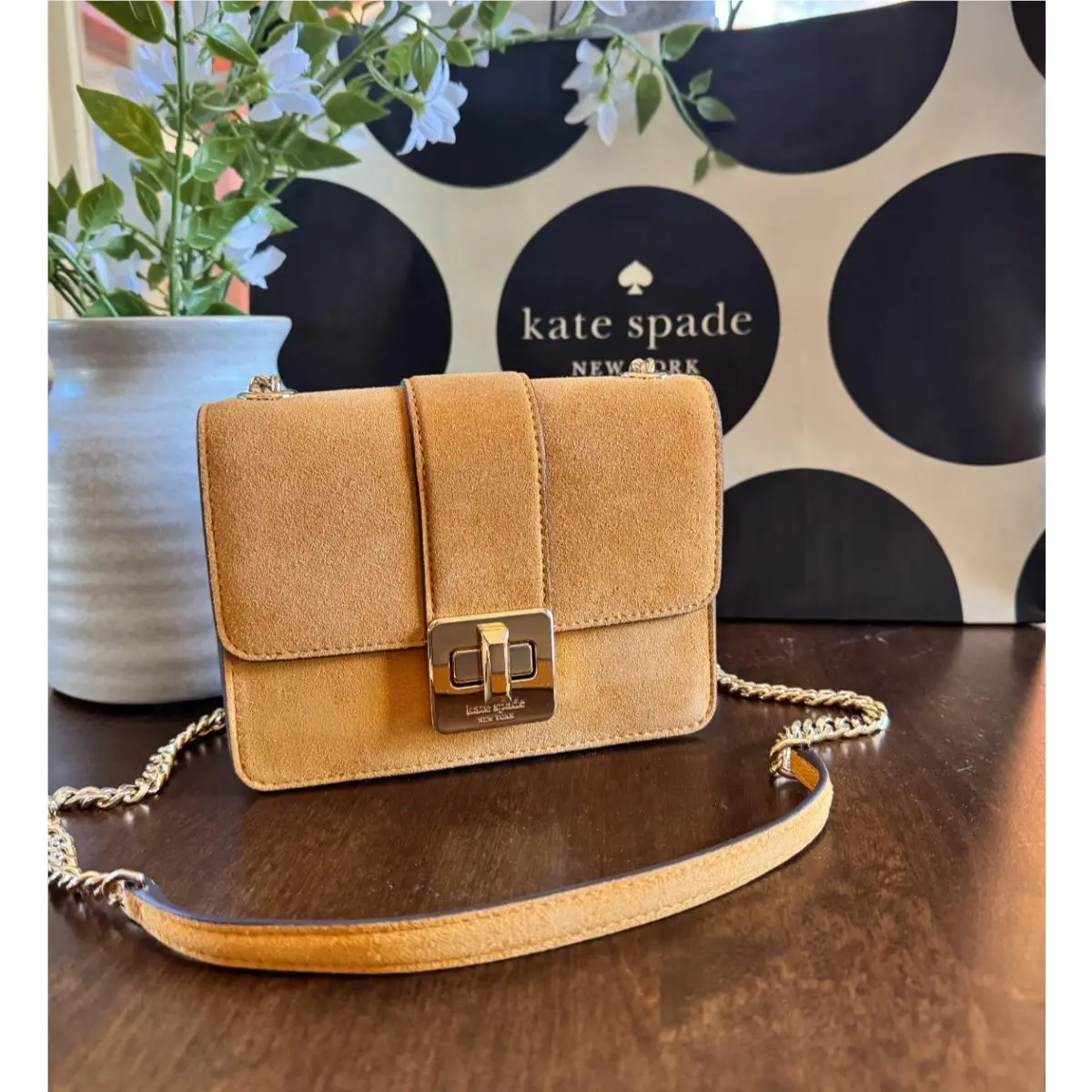 New Kate Spade Phoebe Suede Turnlock Mini Flap Crossbody - Squash Blossom