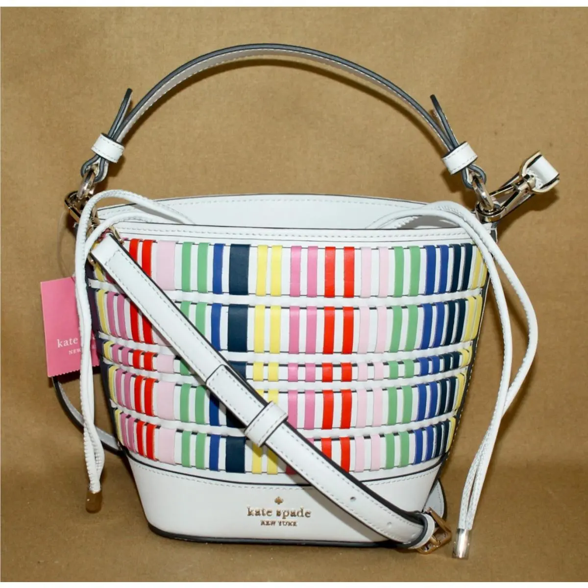 Kate Spade Pippa Woven Small Bucket Bag White Blue Red Yellow Pink WKRU6841