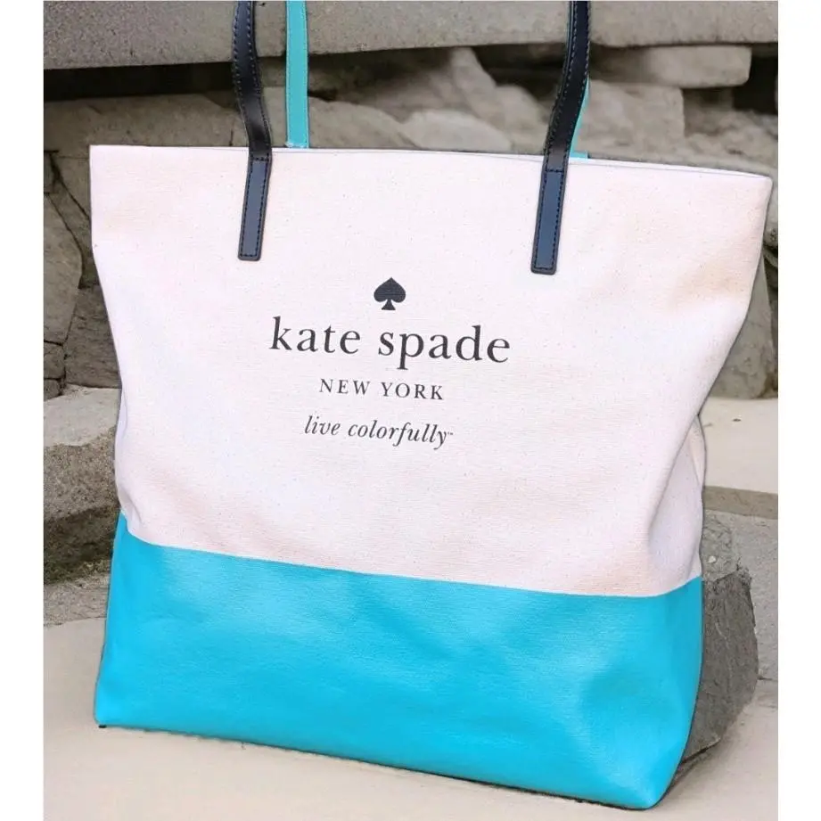 New Kate Spade Basin View Bon Shopper Logo Tote Bag Canvas Leather Purse Teal