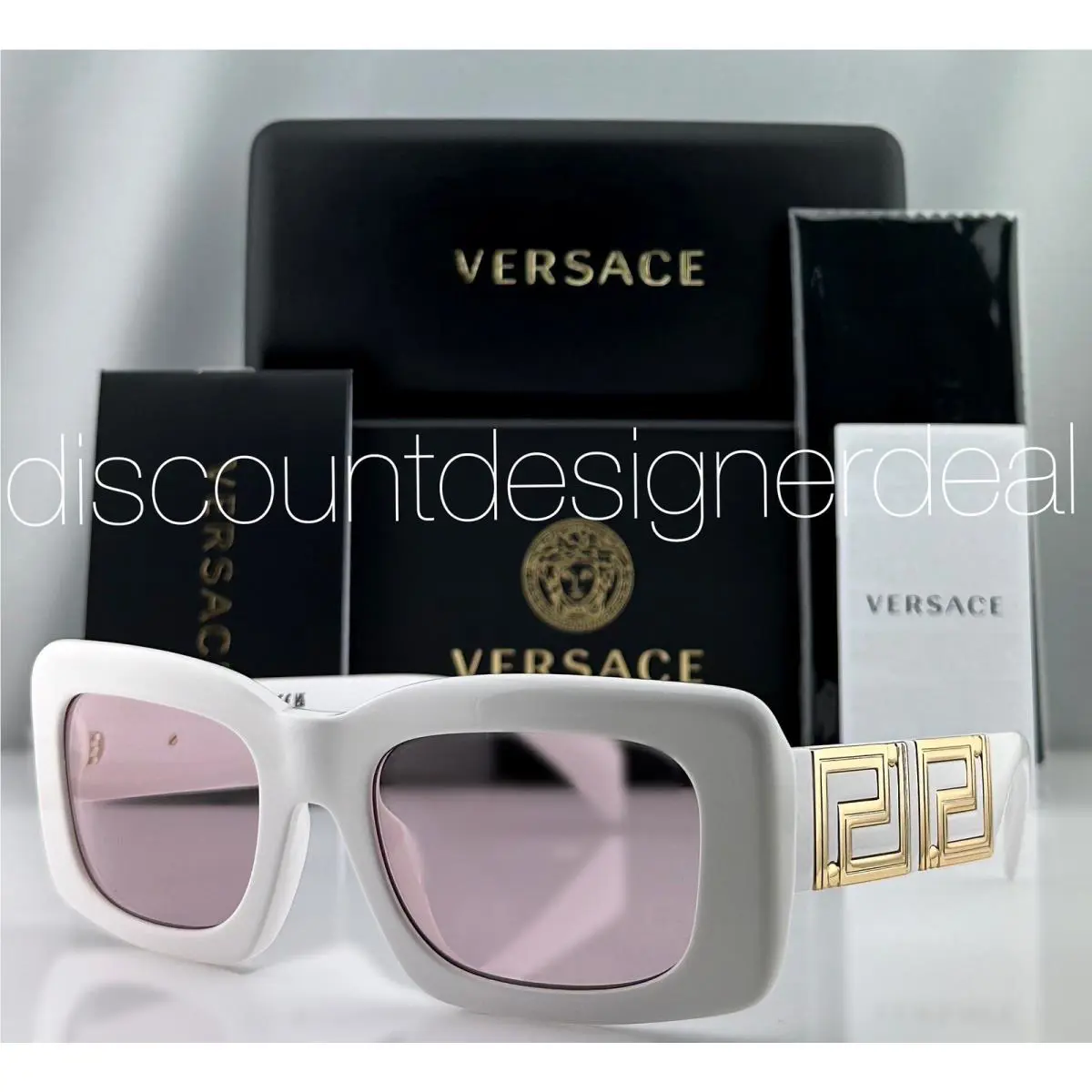 Versace VE4444U 314/5 Rectangular Sunglasses White Gold Trim Pink Lens 54