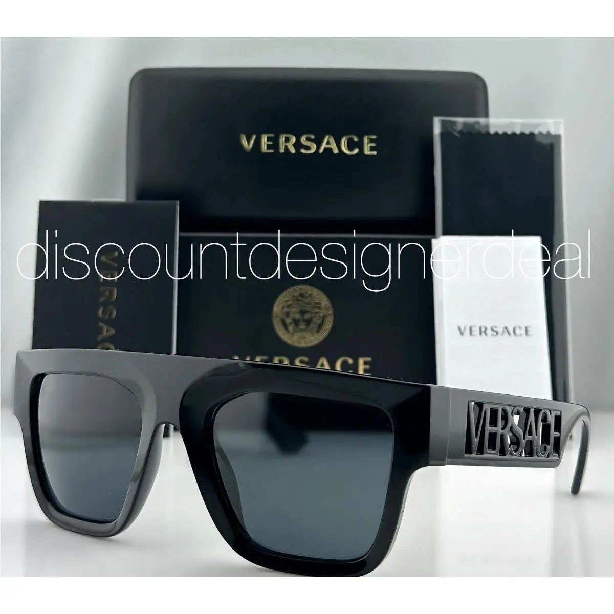 Versace VE4430U Square Flat Top Sunglasses Black Frame Gray Lens GB1/87 53mm