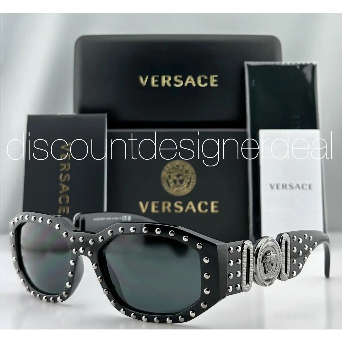 Versace VE4361 5398/87 Geometric Sunglasses Black Studded Frame Gray Lens