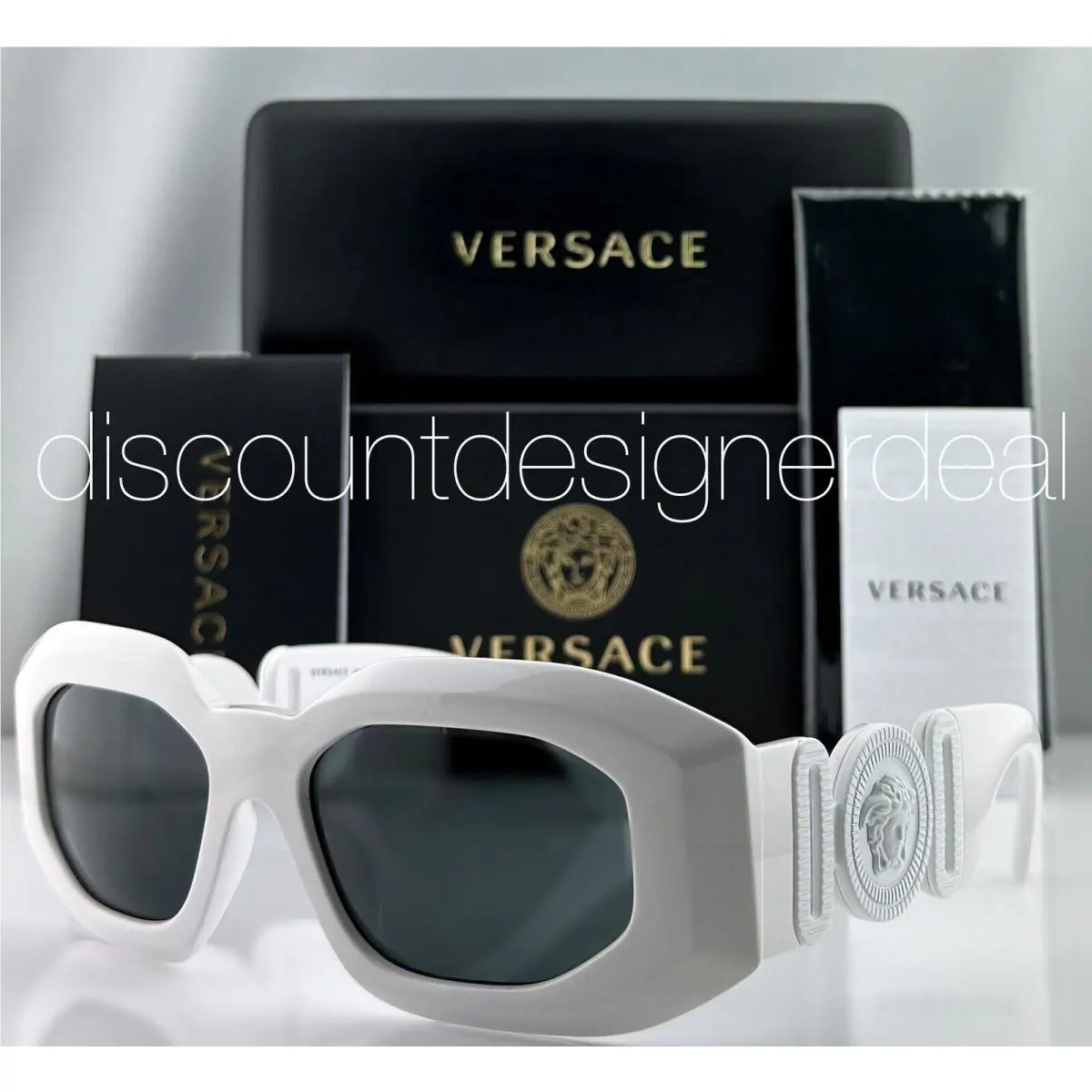 Versace Geometric Medusa Sunglasses VE4425U 5438/87 White Frame Dark Gray Lens