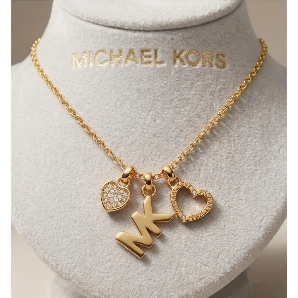 Rose Gold Tone Openwork Heart MK Logo 3 Charms Necklace Msrp: Gold by Michael Kors