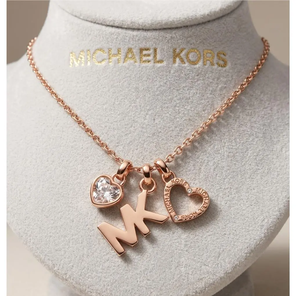 Rose Gold Tone Openwork Heart MK Logo 3 Charms Necklace Msrp: Rose gold by Michael Kors