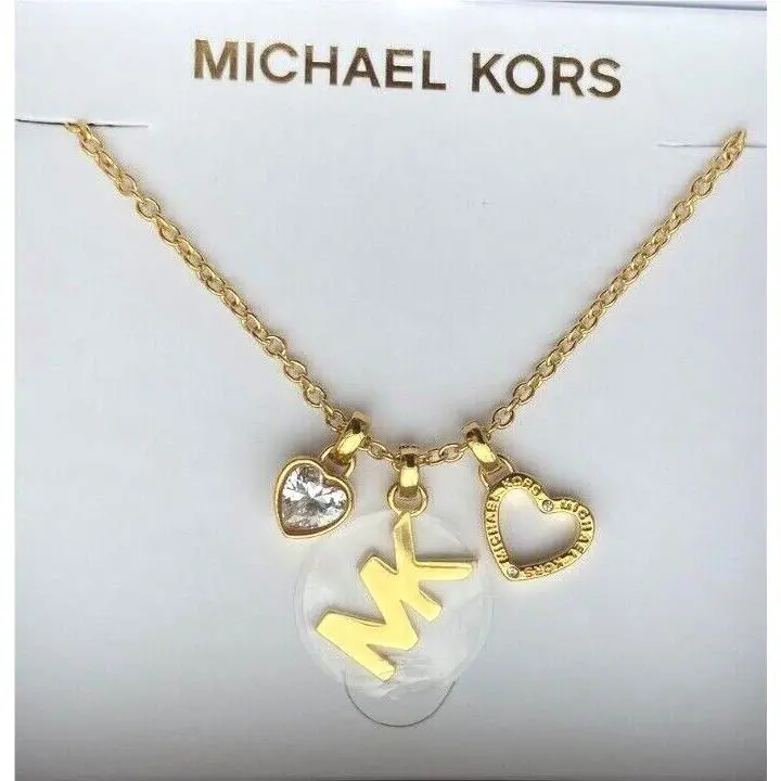 Michael Kors Rose Gold Tone Openwork Heart MK Logo 3 Charms Necklace Msrp: