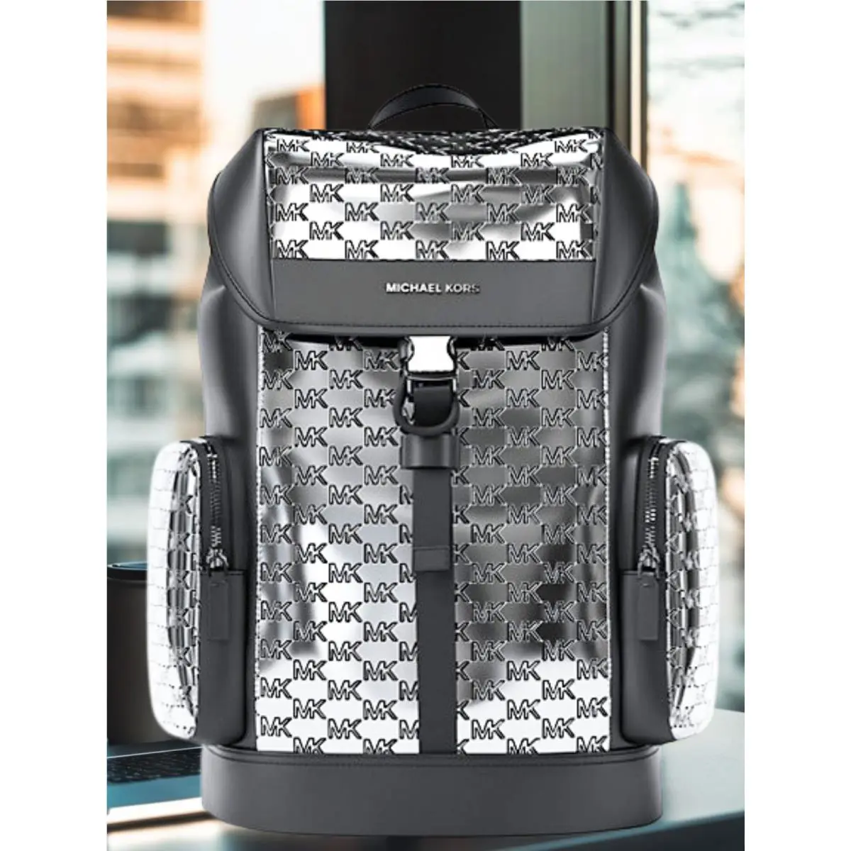 Michael Kors Cooper Medium Silver Metallic Logo Debossed Travel Men Backpack Bag