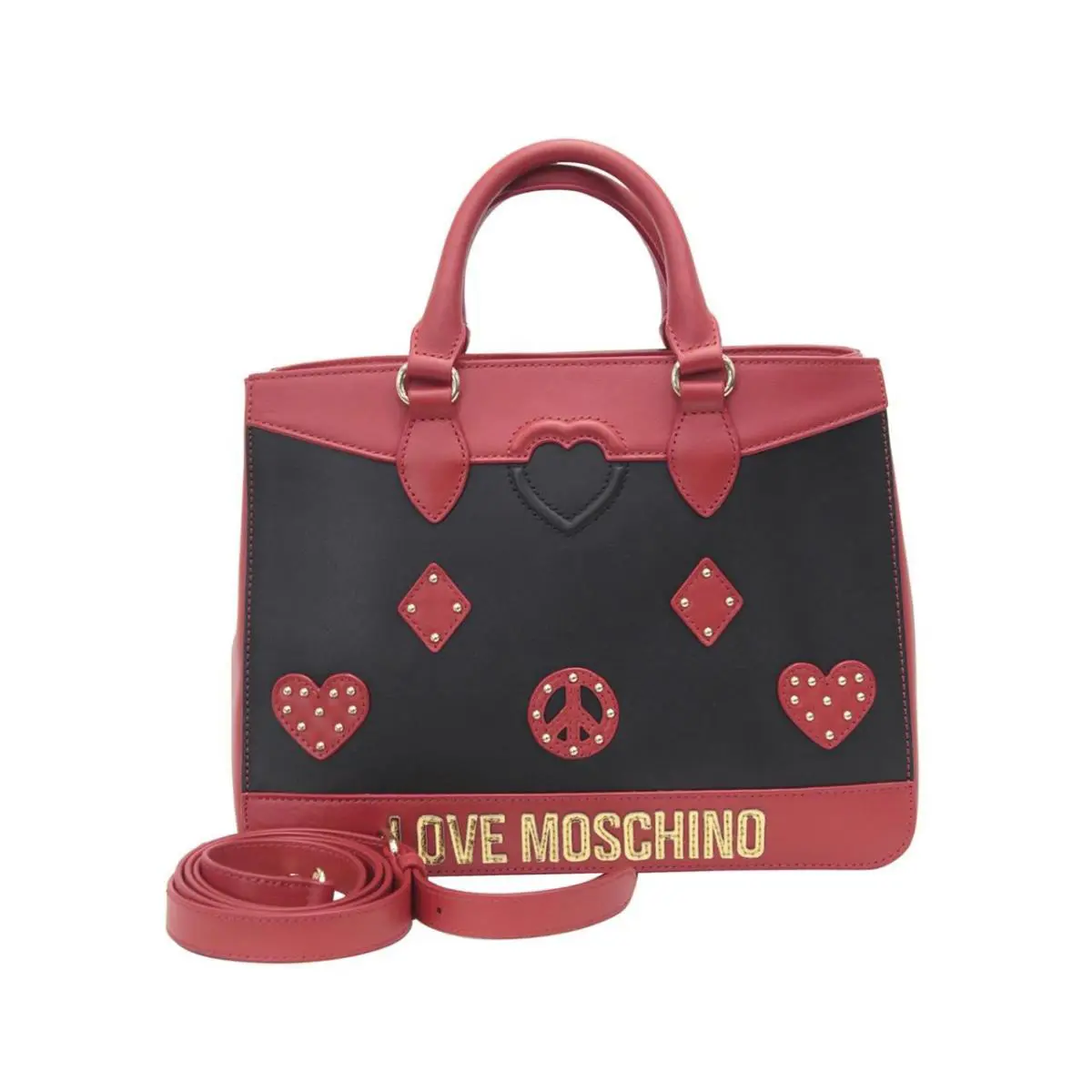 Love Moschino Women`s Heart Peace Patch Black/red Satchel Handbag - Exterior: Black/Red