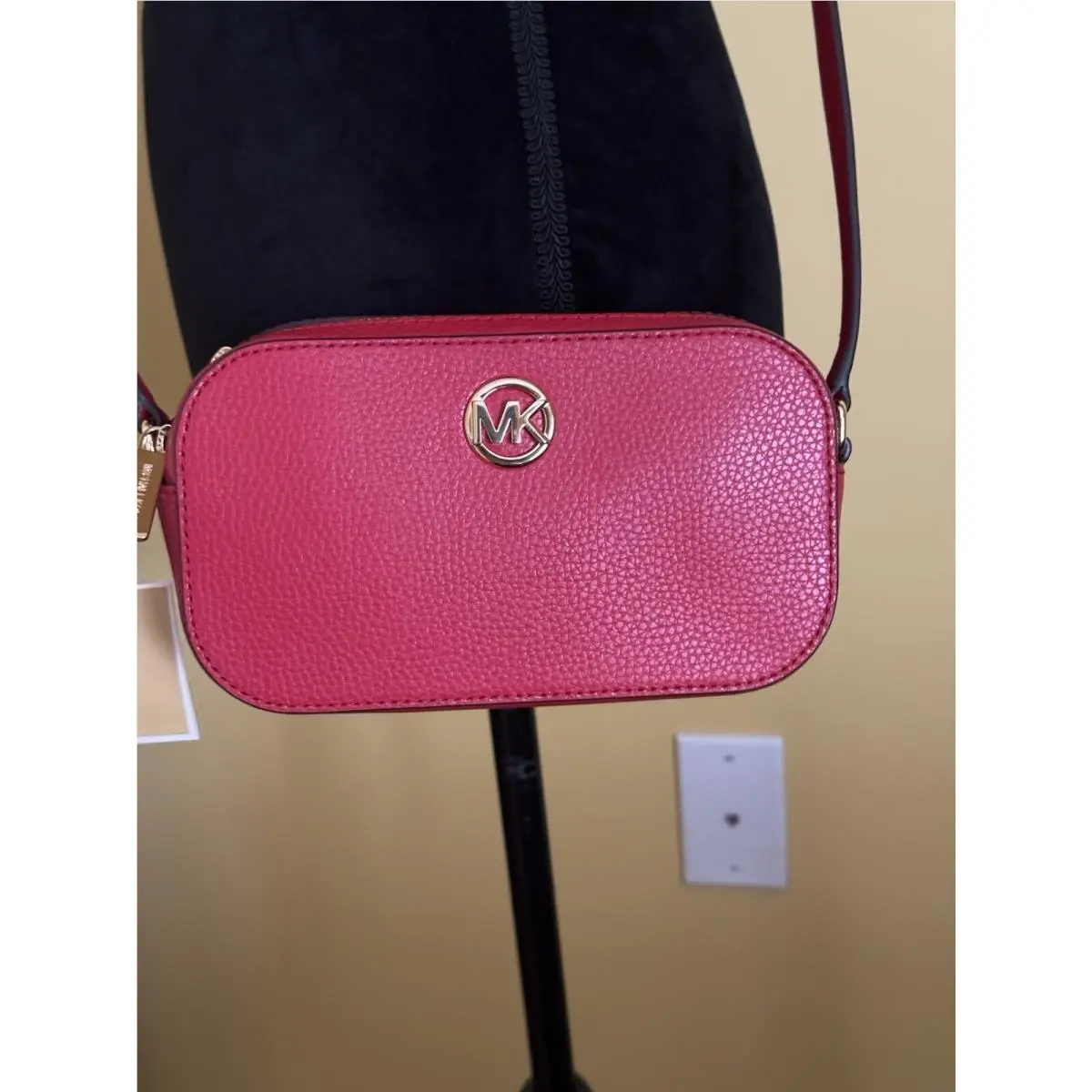 Kors Leather Fulton Crimson/red Dbl Zip Crossbody Pebbled