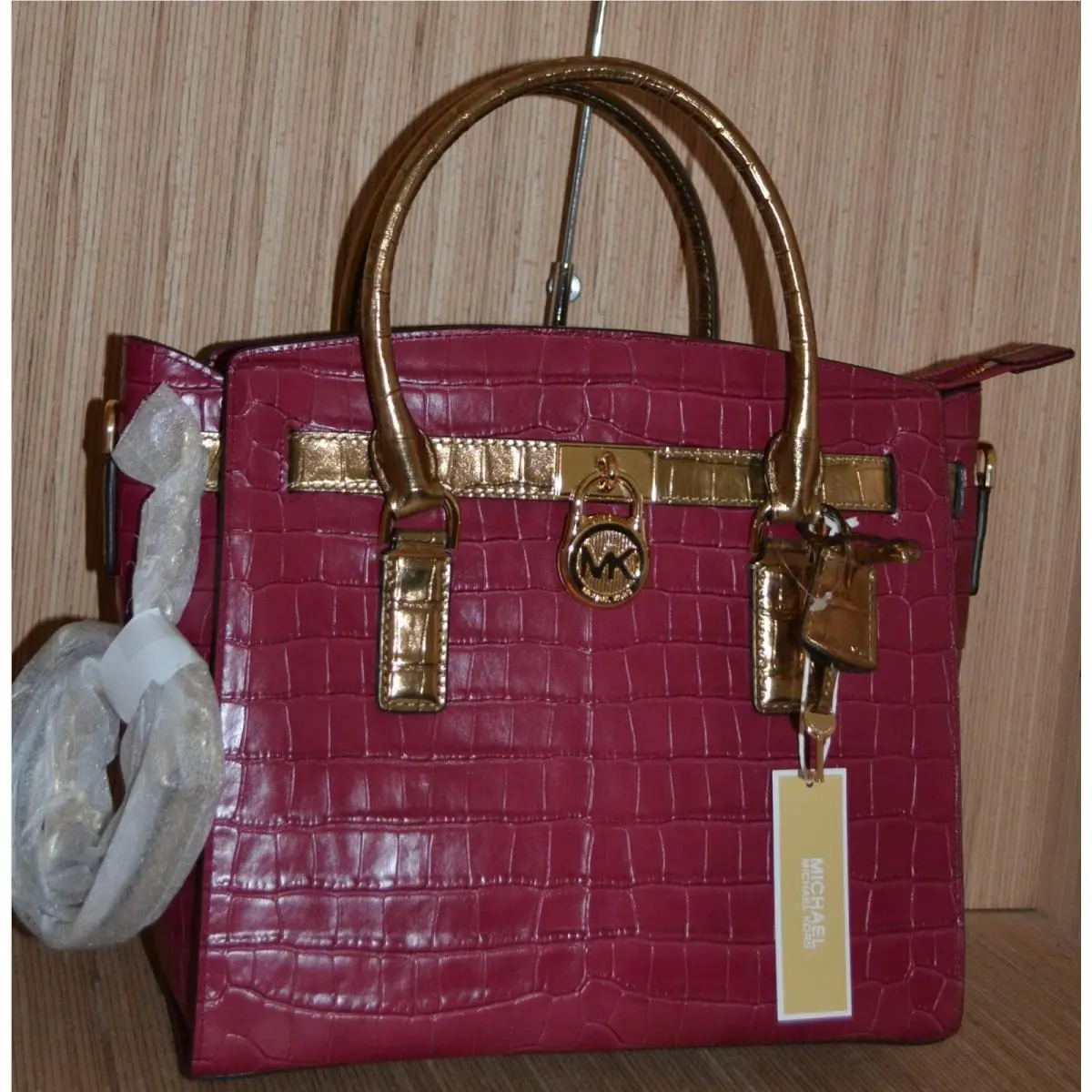 Michael Kors Hamilton Large Embossed Leather Satchel Mulberry/gold